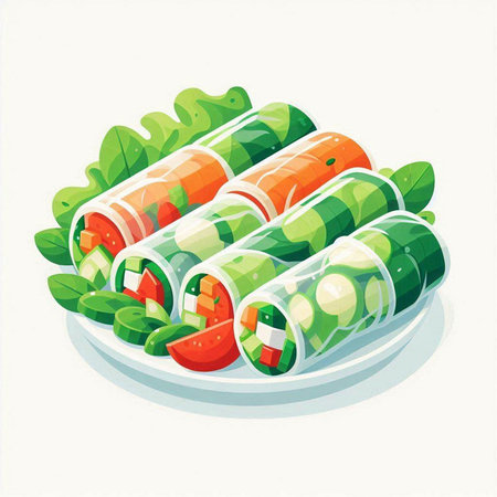 Vegetable spring rolls with cucumber, tomato and lettuce. Vector illustration.