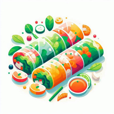 Illustration of Sushi Rolls with Vegetables, Seafood and Sauce