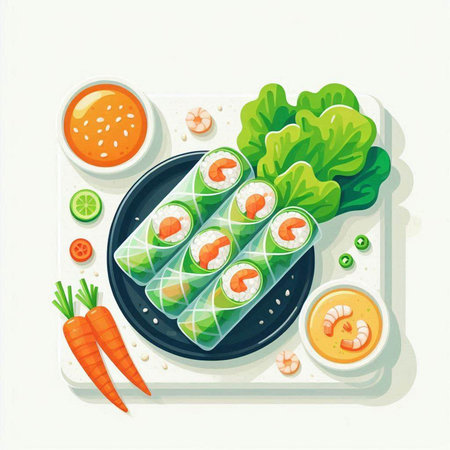 Sushi roll with shrimps, vegetables and sauce. Vector illustration.