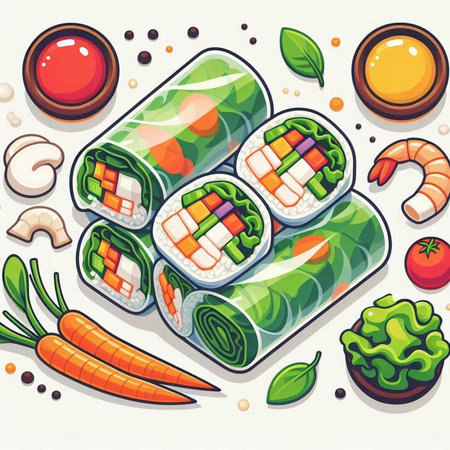 Illustration of a set of rolls on a white background with vegetables