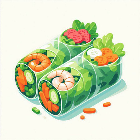 Illustration of Sushi Rolls with Salmon, Cucumber, Cream Cheese and Vegetables
