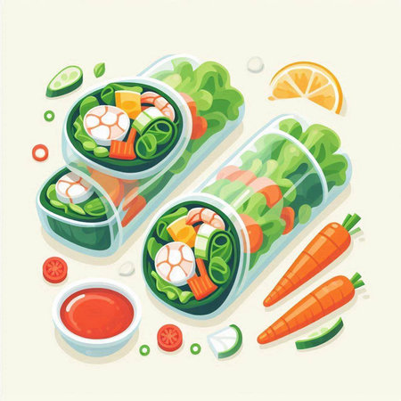 Vegetable spring rolls in plastic containers. Vector illustration of healthy food.の写真素材