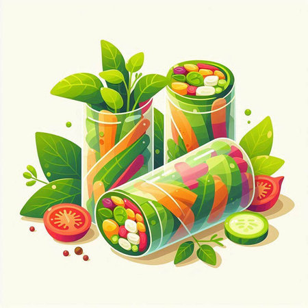 Vegetable rolls with spinach, tomato, cucumber and pepper. Vector illustration.