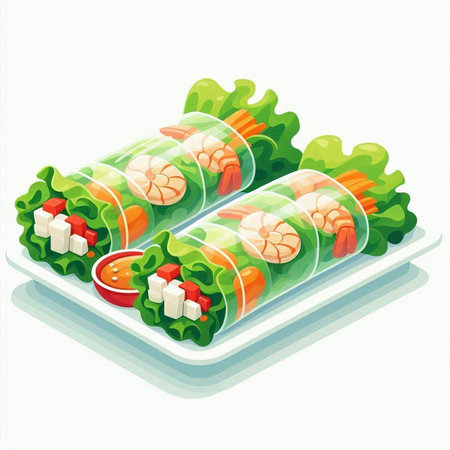 Illustration of fresh spring rolls with vegetables and cheese on a white background