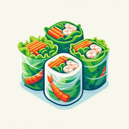 Illustration of rolls with shrimp and vegetables on a white background.の写真素材