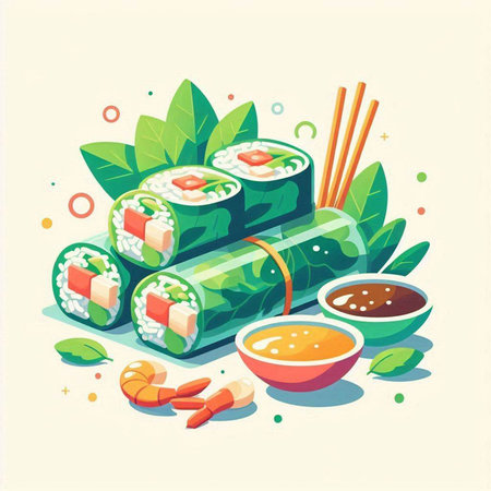 Sushi rolls with chopsticks, wasabi and ginger. Vector illustration.