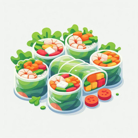 Illustration of Sushi Rolls with Seafood and Vegetables.