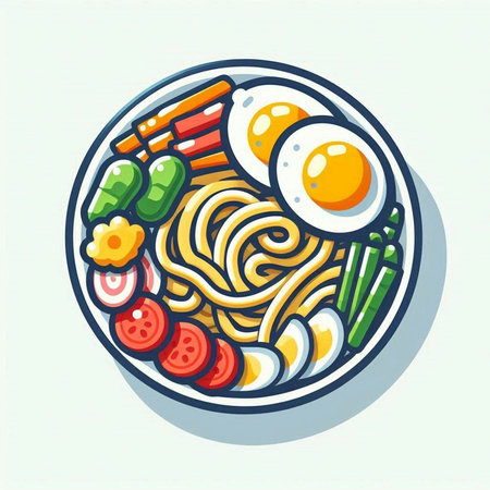 Bowl of noodle with egg and vegetables. Vector illustration.