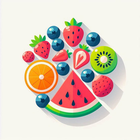 Fruits and berries in flat style. Vector illustration of summer fruits.