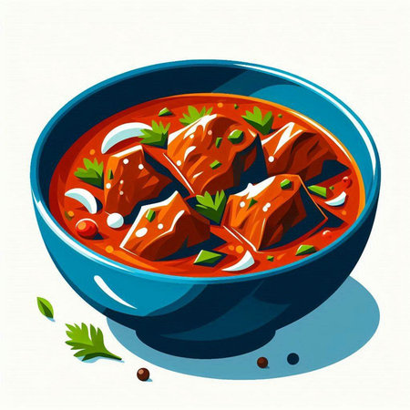 Illustration of a bowl of tomato soup with meat and parsley