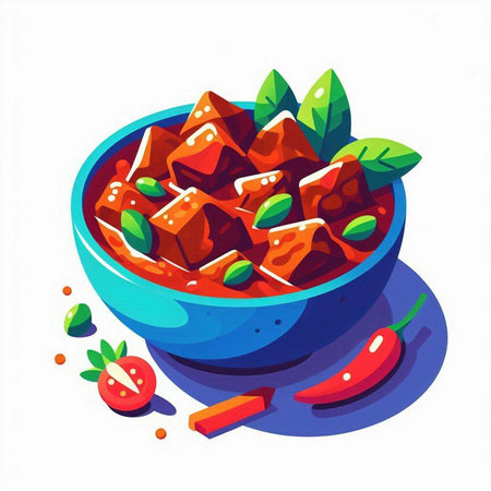 Vector illustration of a bowl of spicy beef stew in tomato sauce.の写真素材