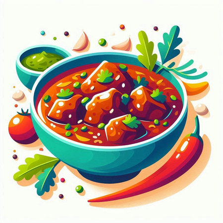 Vector illustration of a bowl of spicy goulash with herbs and spicesの写真素材