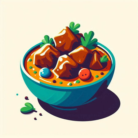 Illustration of a bowl of beef stew with vegetables and olivesの写真素材