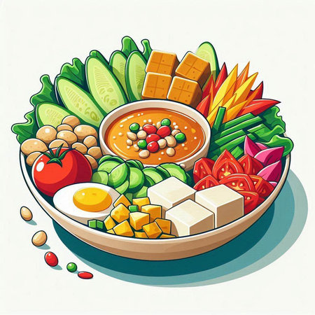 Vegetable soup in bowl with tofu, avocado, cucumber, tomato, pepper, egg. Vector illustration.の写真素材