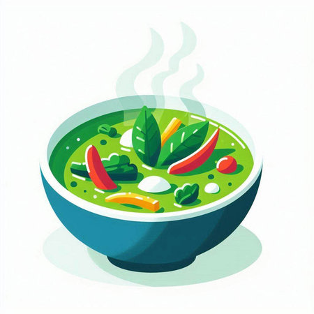 Illustration of a bowl of green curry with chilli pepper.の写真素材
