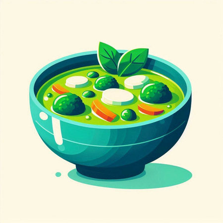 Green soup with vegetables in bowl. Vector illustration in cartoon style.の写真素材