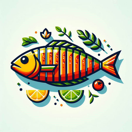 Fish vector illustration. Hand drawn fish with lemon, lime and leaves.