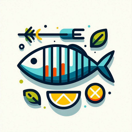 Fish and lemon. Vector icon in flat linear style on light background.の写真素材