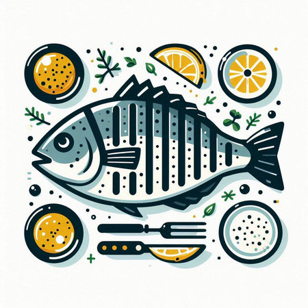Cute hand drawn vector illustration of a fish with lemon, olive oil and spices.の写真素材