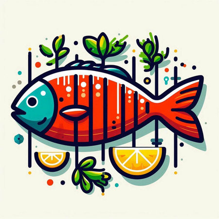 Vector illustration of a stylized fresh fish with lemon slices and herbs.の写真素材