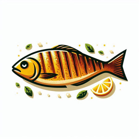 Fish with lemon and mint. Vector illustration on a white background.の写真素材