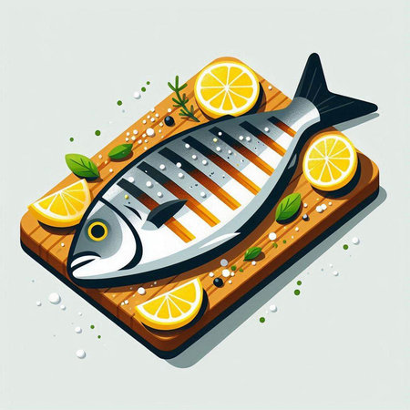 Fish with lemon and salt on a wooden board. Vector illustration.の写真素材