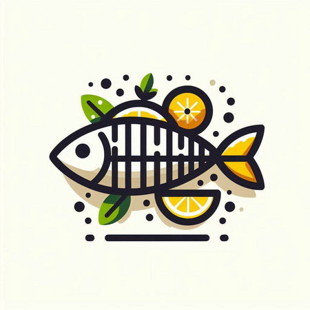 Fish skeleton icon. Vector illustration of fish skeleton with lemon and leaves.