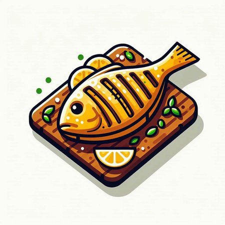 Fish with lemon and olive oil on wooden board. Vector illustration.の写真素材