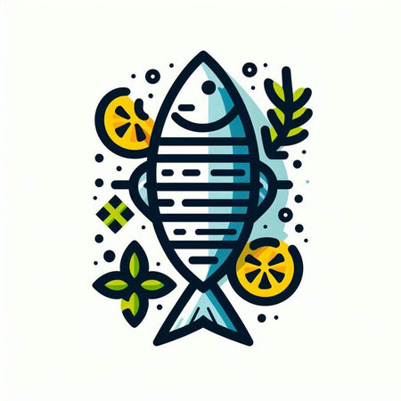Fish with lemon and olive branch vector illustration in flat line style.の写真素材