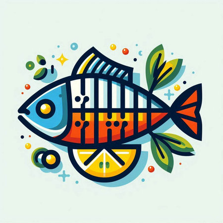 Fish icon, vector illustration in flat linear style. Isolated on white background.の写真素材