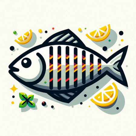 Fish with lemon and lime. Vector illustration in flat design style.の写真素材