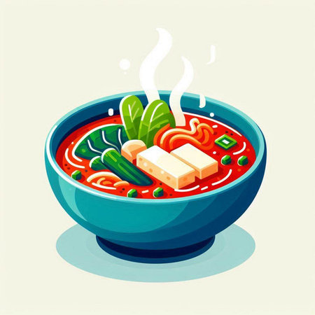 Illustration of a bowl of hot ramen soup with tofu and vegetables