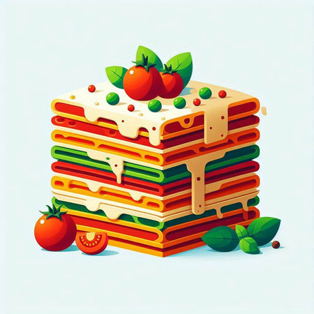 Stack of hot pancakes with cherry tomatoes and mint. Vector illustration.