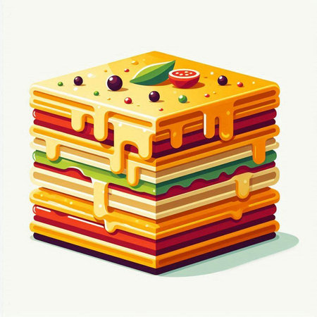 Illustration of a stack of pancakes with fruits and syrup on a white background