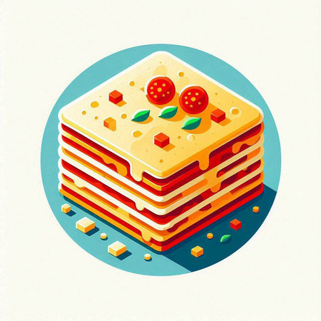 Stack of lasagna with tomato and cheese. Vector illustration in flat style