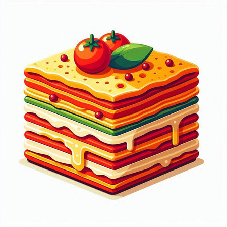 Vector illustration of a stack of layered lasagna with tomato and basil