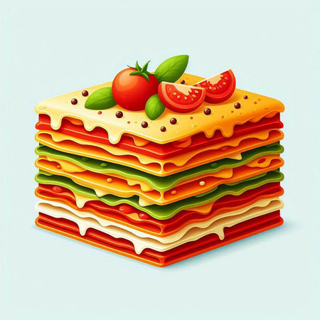 Illustration of a stack of lasagna with tomato and basil leaves