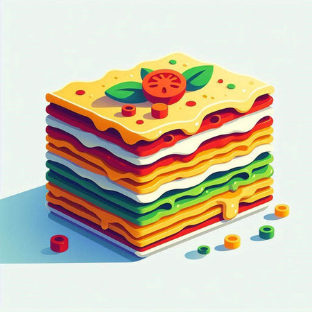 Illustration of a stack of lasagna on a white background.