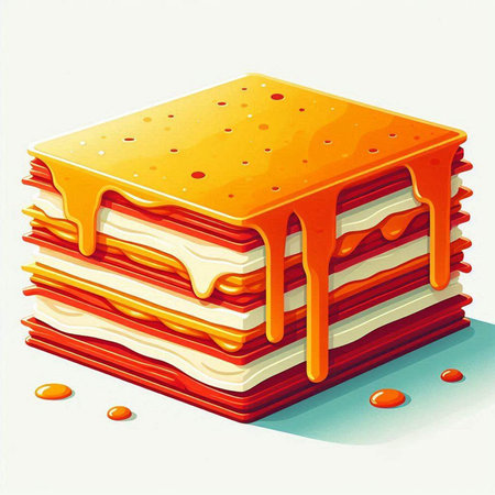 Illustration of a piece of cake with caramel on a white background