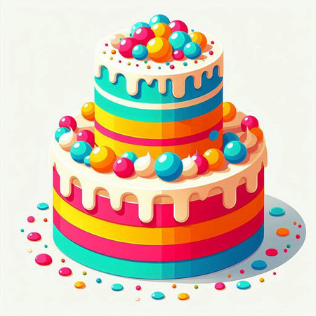 Birthday cake with multicolored icing and candies. Vector illustration.