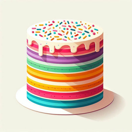 Rainbow cake with colorful icing and sprinkles. Vector illustration.