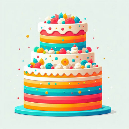 Birthday cake with colorful cream and candies. Vector illustration.の写真素材