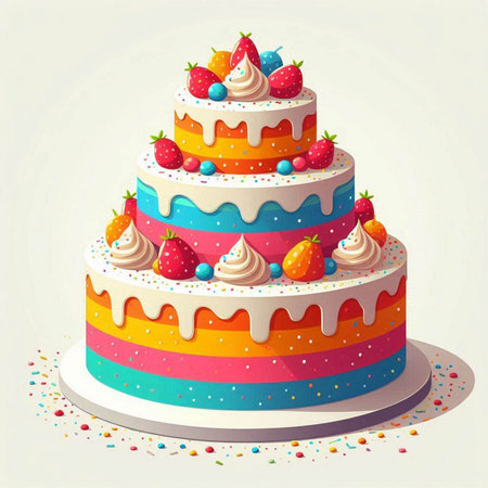 Vector illustration of colorful birthday cake with cream and berries on white background