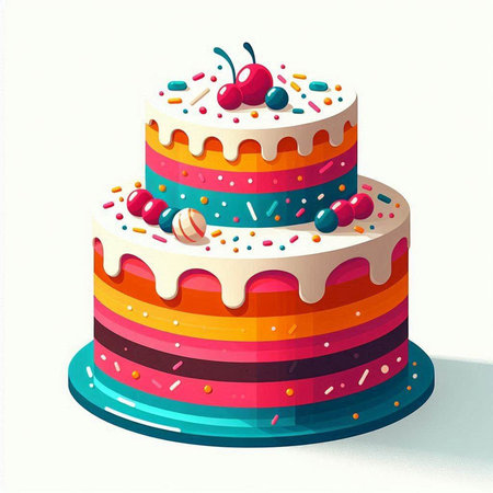 Birthday cake with cherries and sprinkles. Vector illustration.