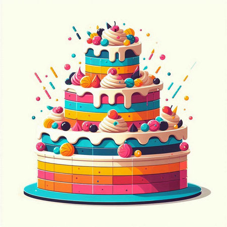 Colorful birthday cake with cream and marmalade. Vector illustration.