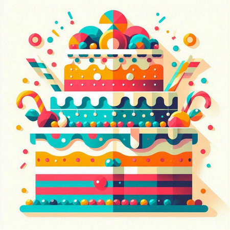 Birthday cake with colorful candies in flat style. Vector illustration.