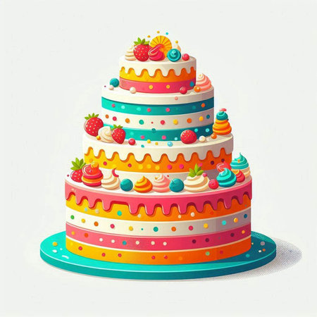 Colorful birthday cake with cream and berries on a white background.