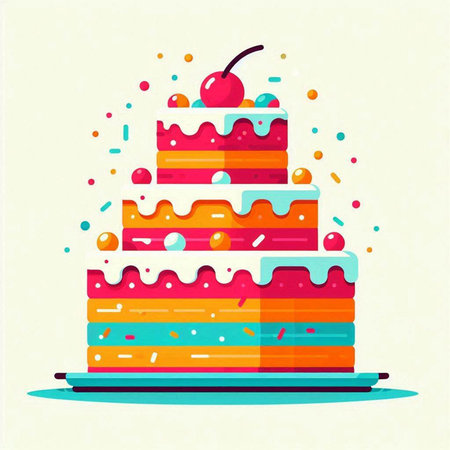 Birthday cake with cherry and sprinkles. Flat style vector illustration.