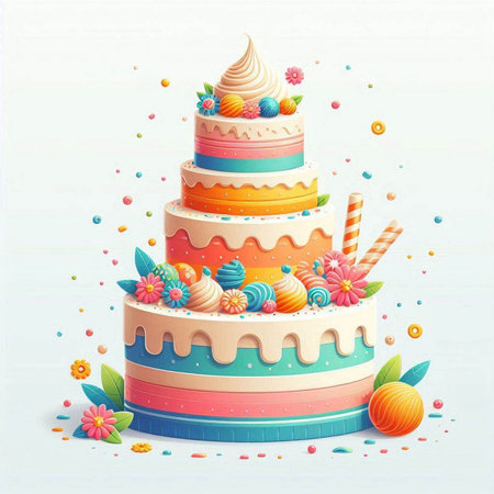 Colorful birthday cake with cream and candies. Vector illustration.