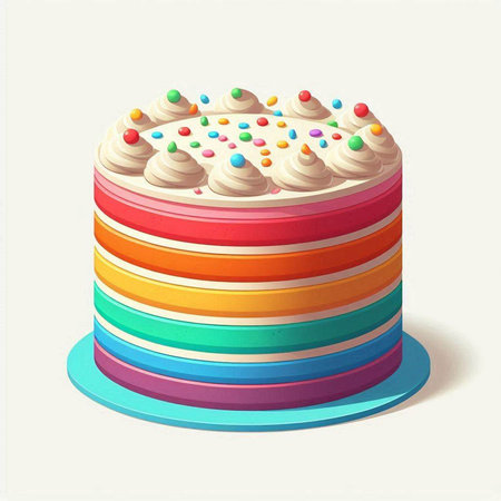 Rainbow cake with cream and colored sprinkles. Vector illustration.